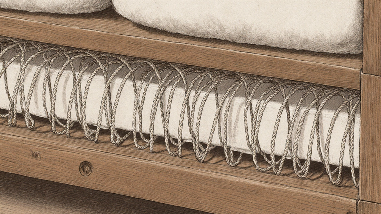 Interior of a sofa showing hand-tied springs in a grid pattern, connected to a solid wooden frame.