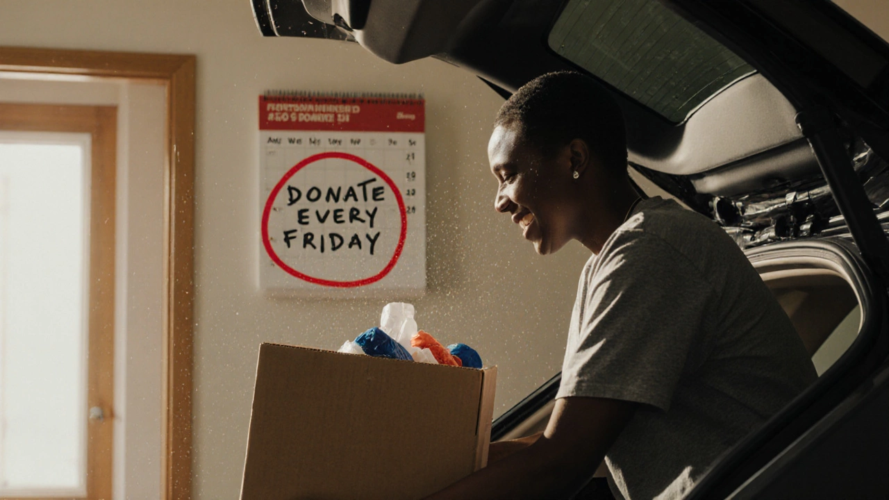 Person putting donated items into car trunk with calendar showing donation day.