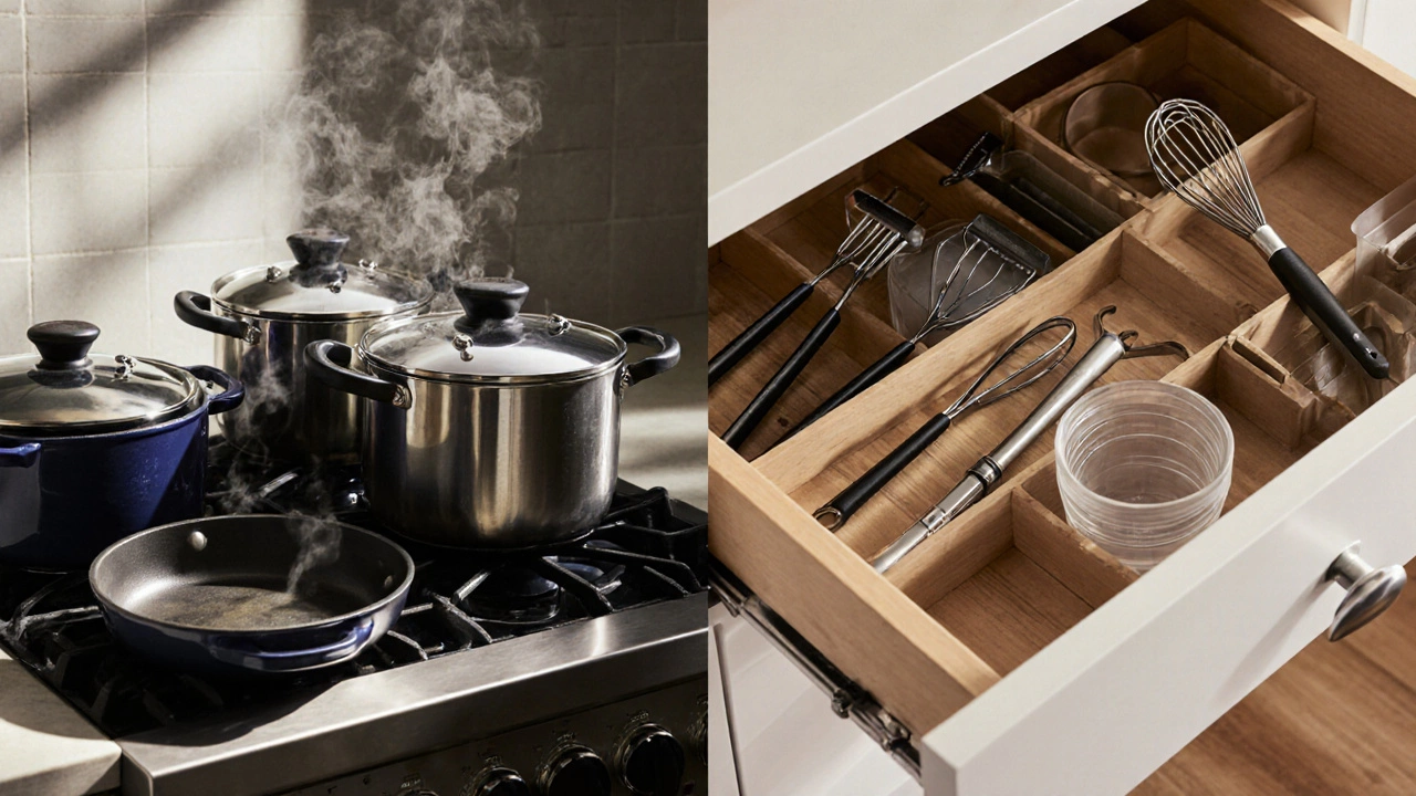 Pots and pans on stovetop beside open drawer of kitchen utensils and storage containers