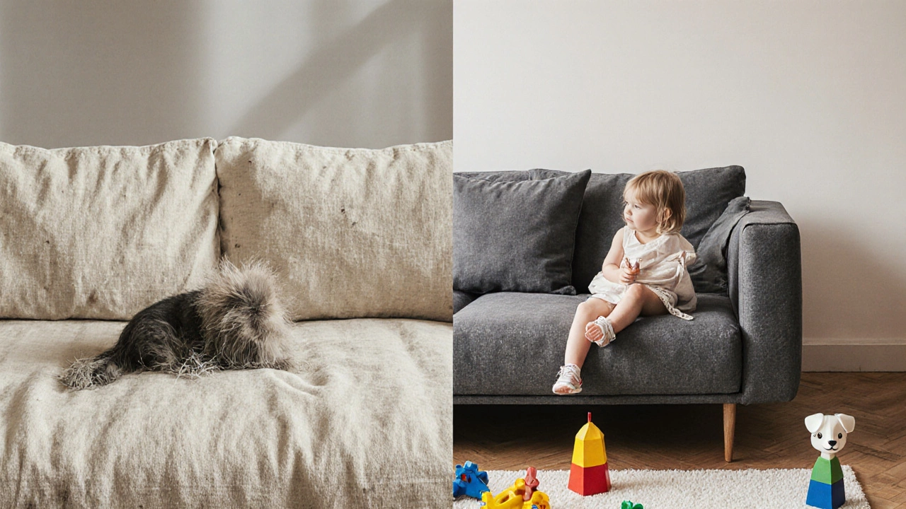 Side-by-side: a worn linen sofa versus a durable canvas sofa, illustrating long-term wear differences in a busy home.