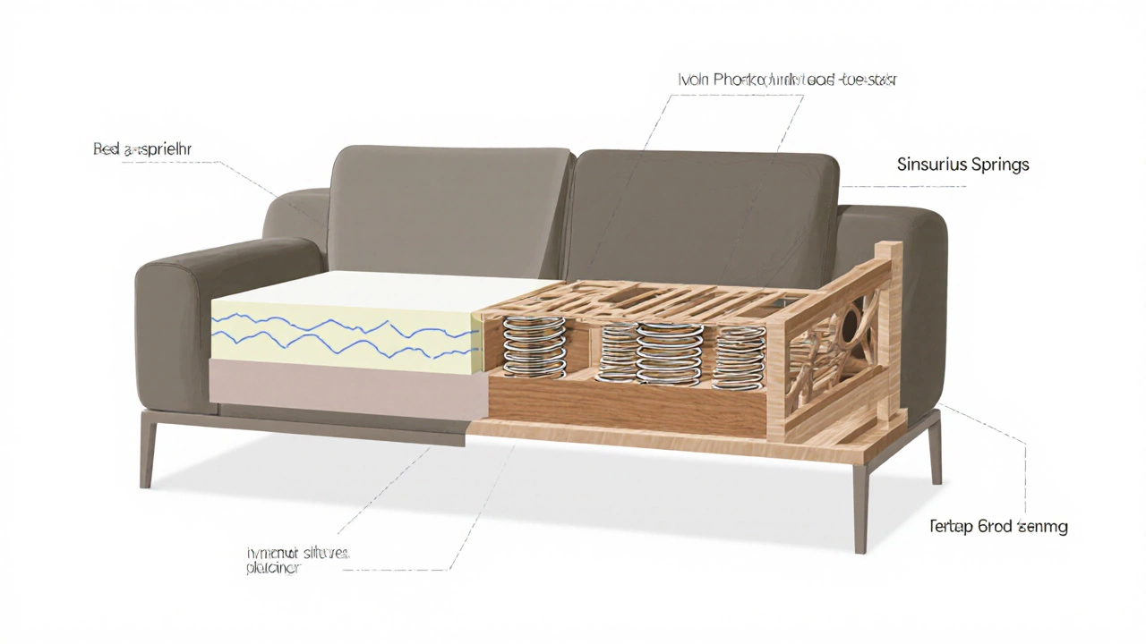 Side-by-side comparison of cheap and durable sofa internals: foam, springs, and frame materials.