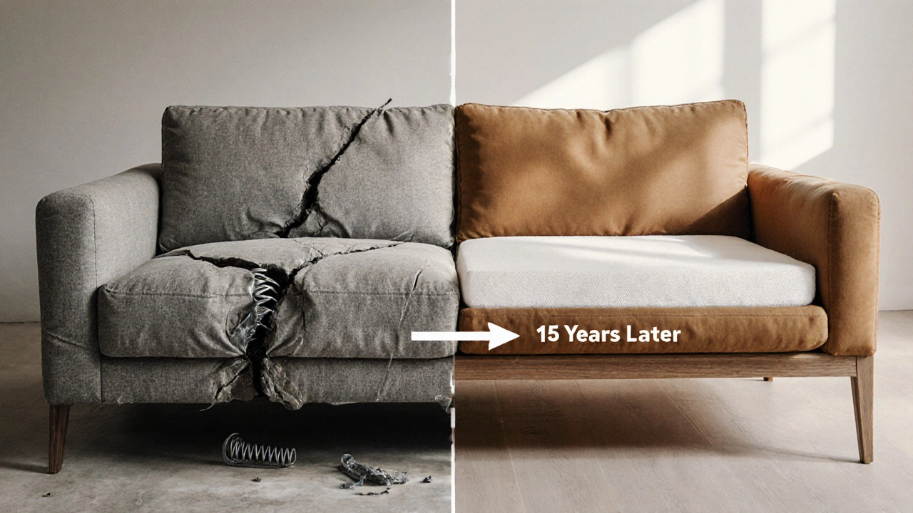 Split image comparing a failing sofa with cheap materials to a durable one with solid construction.