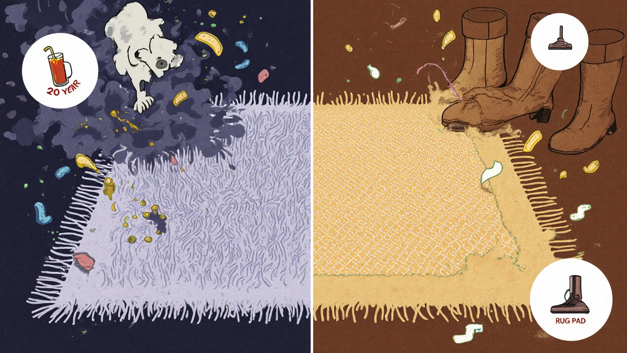 Split-screen comparison: a damaged cheap rug versus a durable wool and nylon rug under household chaos.