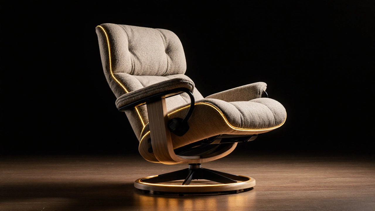 Stressless recliner with glowing ergonomic support lines, natural wool fabric, ambient lighting.