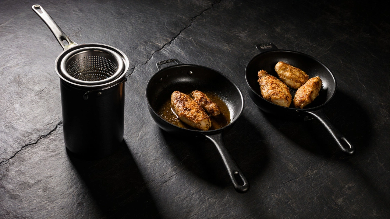 Three kitchen pans—stockpot, roasting pan, and deep fryer—are arranged with food examples and shadow cues.