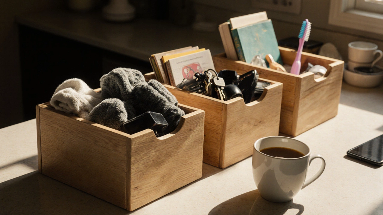 Three small bins on a kitchen counter filled with clutter being sorted.