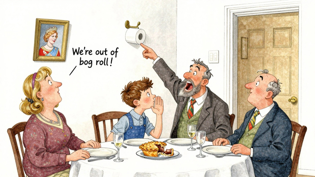 A British family at dinner, one child pointing to the hallway while whispering about running out of bog roll.