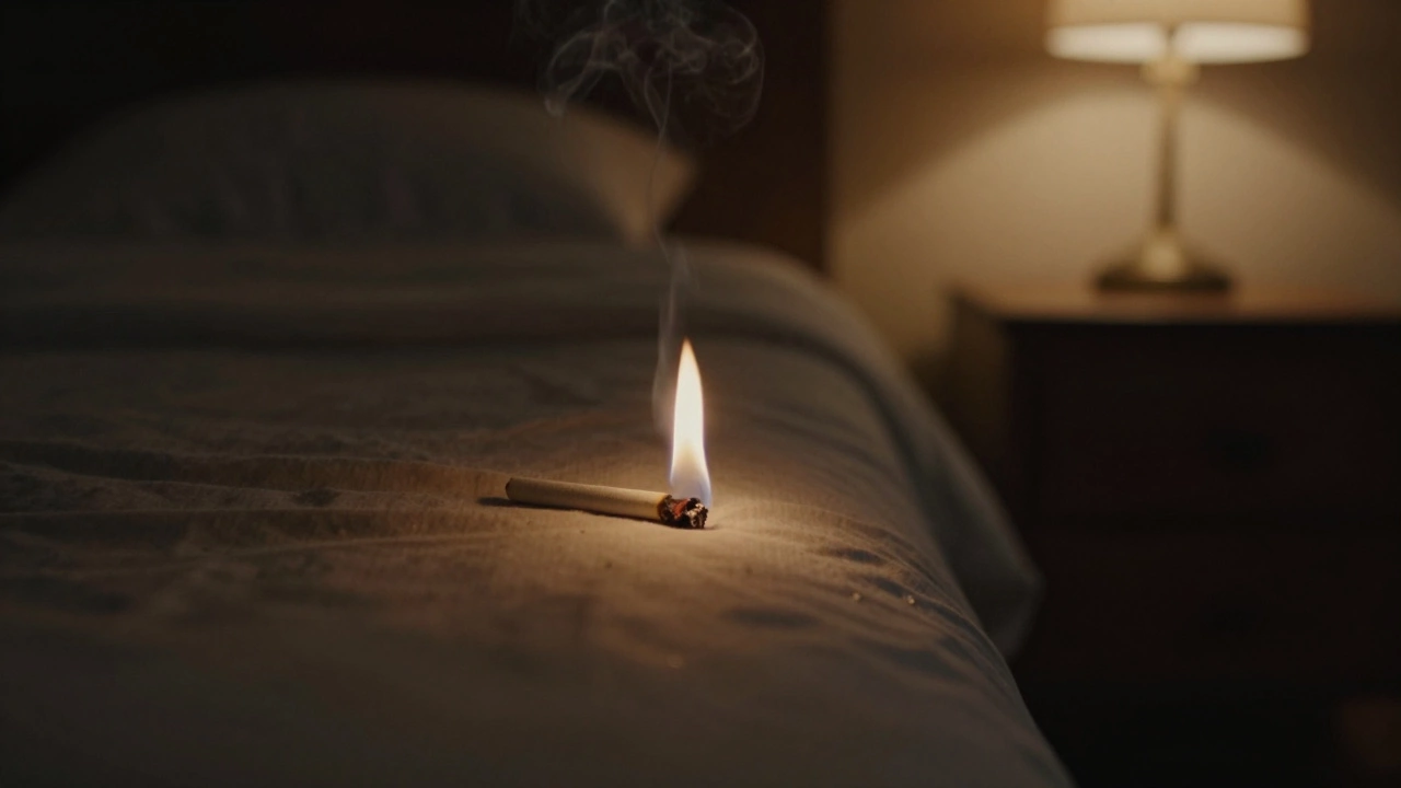 A cigarette near a bedsheet causes a small flame that self-extinguishes quickly.