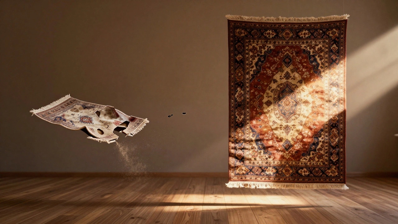 A crumbling cheap rug on one side, a glowing antique rug on the other, symbolizing time and durability.