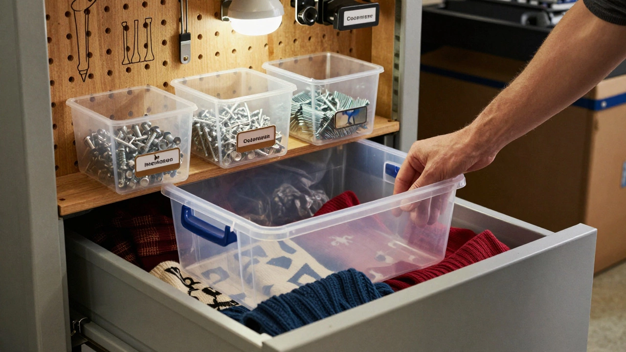 A hand placing labeled bins under a bed, with a pegboard wall showing tool outlines and organized hardware.