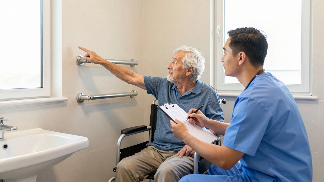 A healthcare worker assessing bathroom safety for an older adult with grab bars installed.