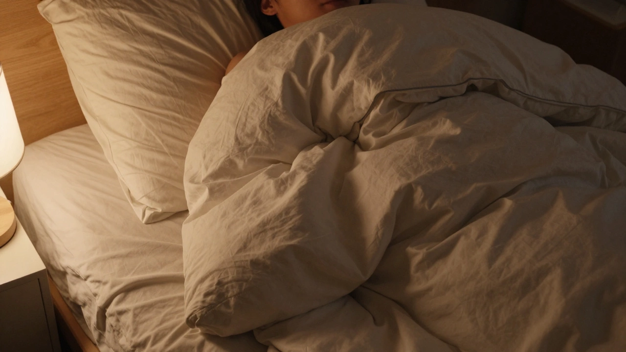A person comfortably tucked into bed under a duvet, lit by a warm bedside lamp in a quiet, clutter-free room.