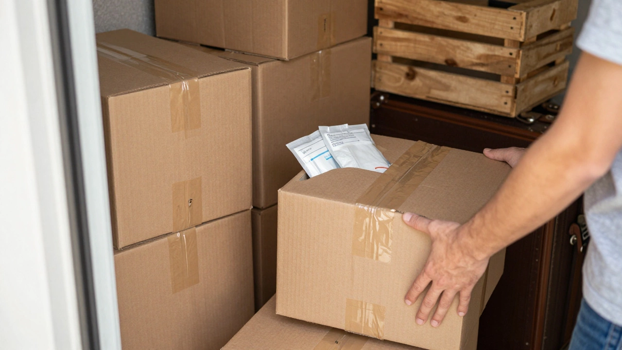 A person holding a free cardboard box from a store, with labeled boxes stacked neatly in a dry garage.