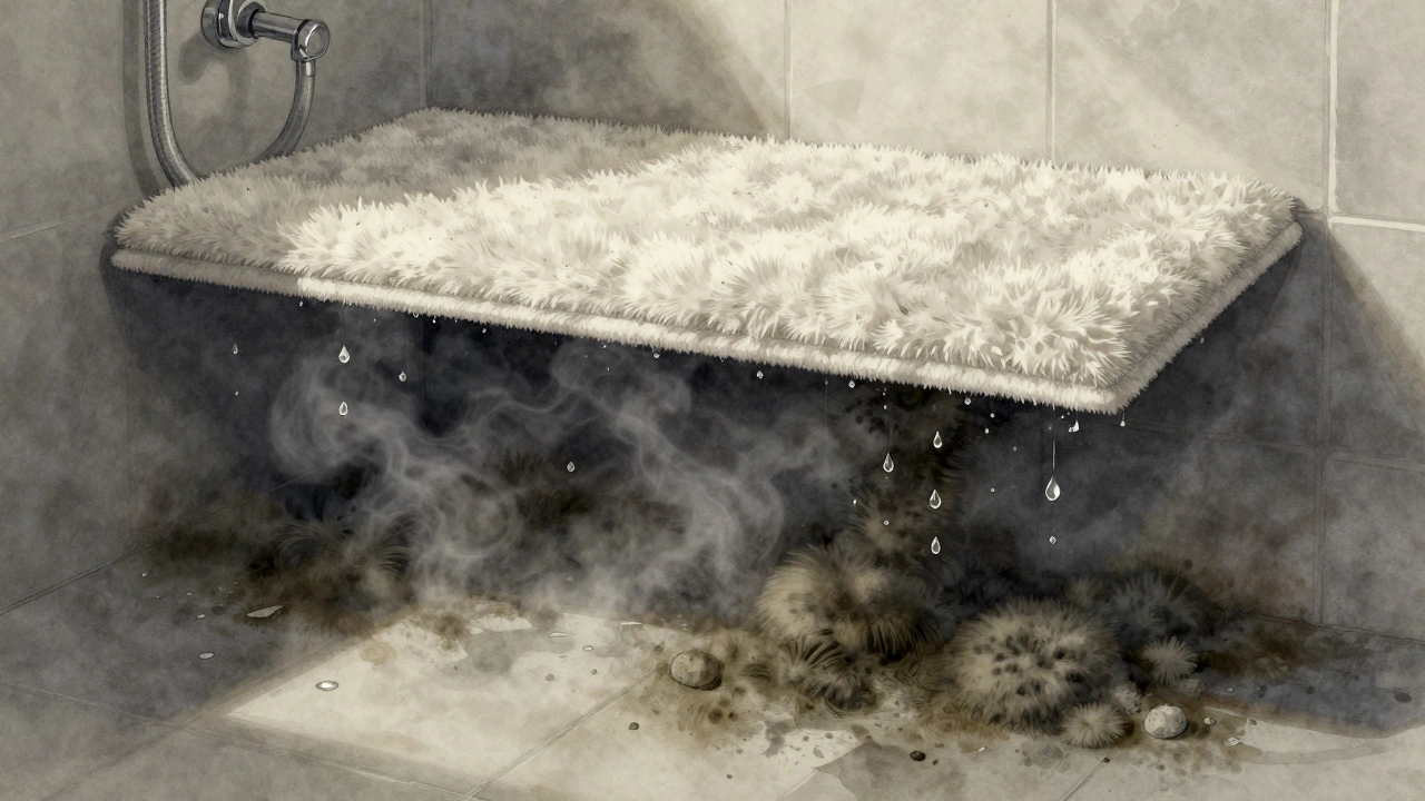 A polyester rug with hidden mold growth underneath on a bathroom floor.