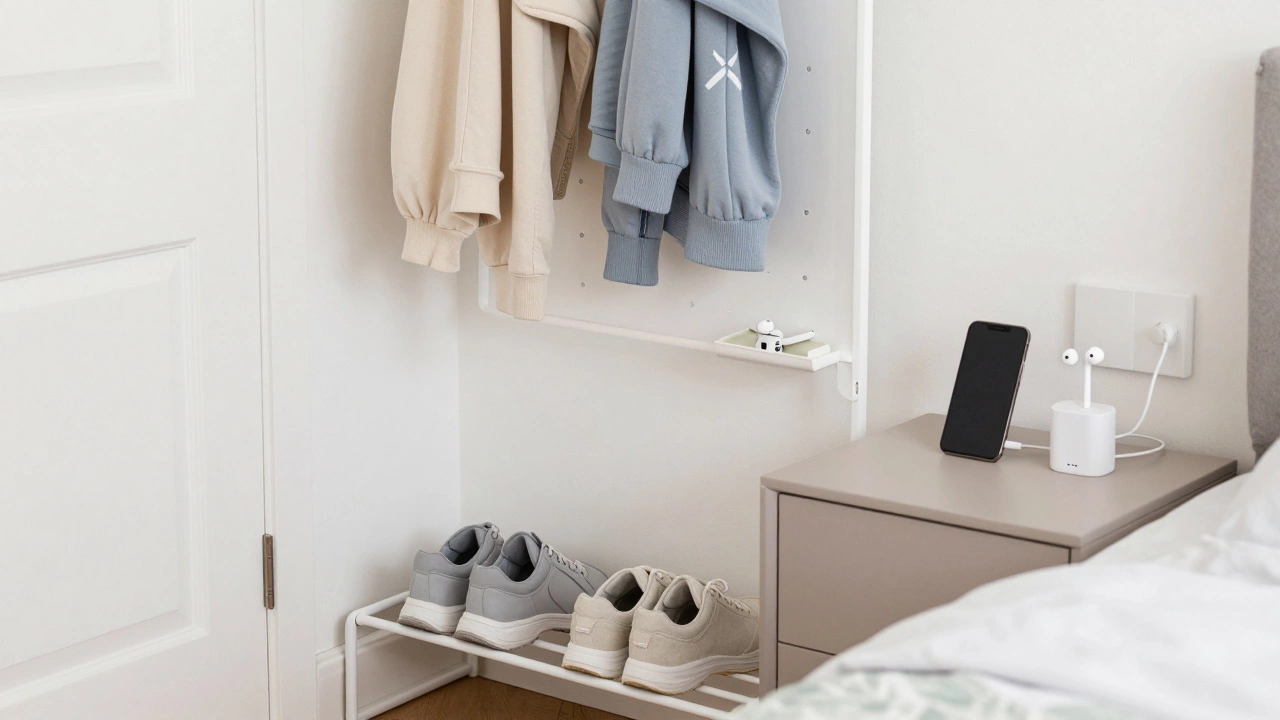 A tidy bedroom morning setup with shoes on a rack, charging station, and hanging organizer behind the door.