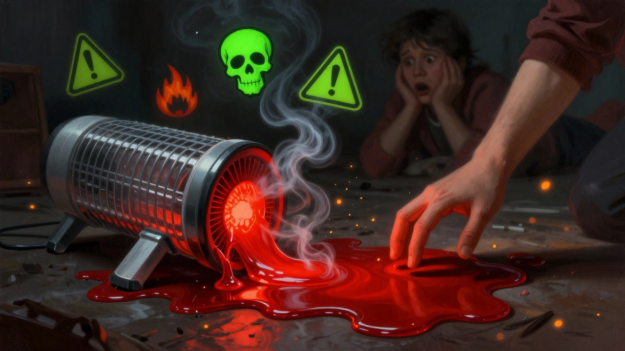 An acrylic rug melting from a tipped space heater, emitting toxic smoke.