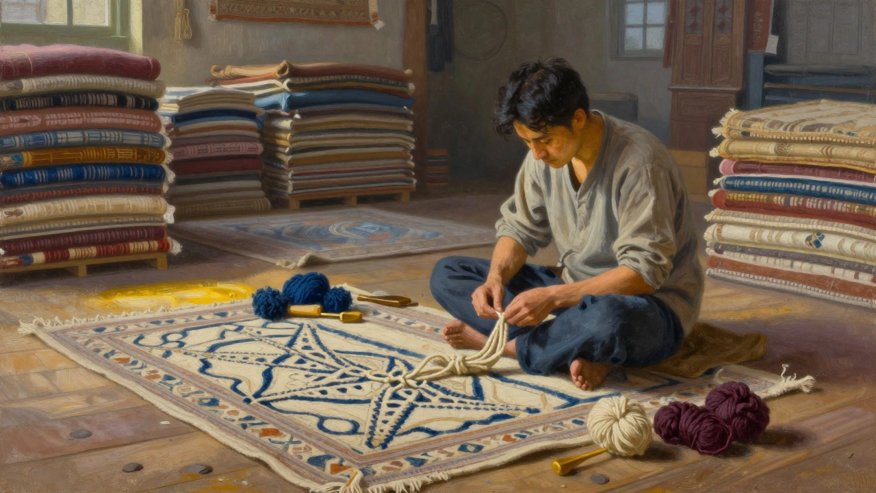 An artisan tying a knot by hand into a detailed rug, surrounded by natural dye materials in soft lamplight.