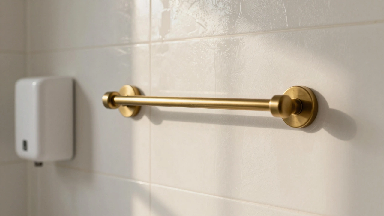 Close-up of a warm white bathroom wall with brushed brass hardware and subtle reflections, showing high-quality matte finish.