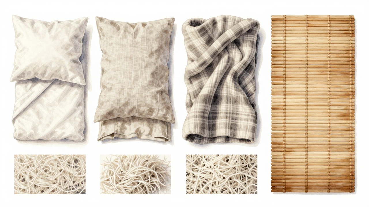 Close-up of different bedding fabrics — cotton, linen, flannel, and bamboo — laid out to show texture and material differences.
