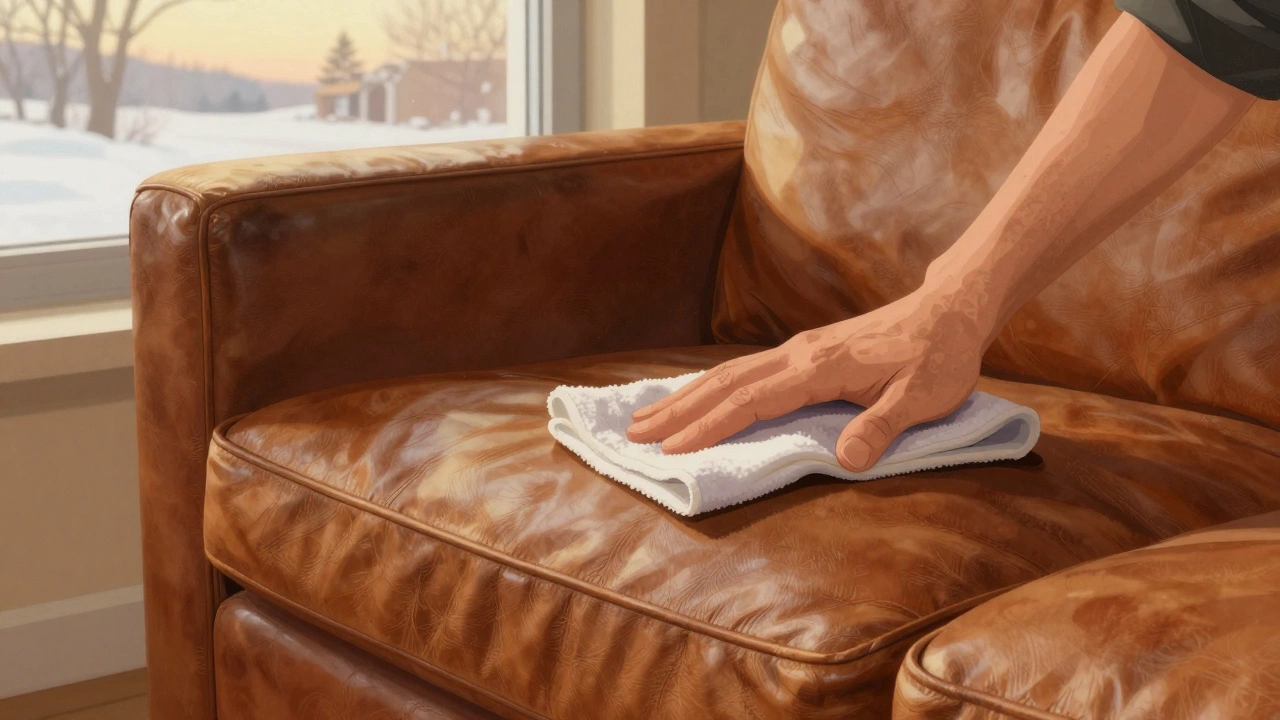 Close-up of hand touching aged full-grain leather sofa with natural texture.