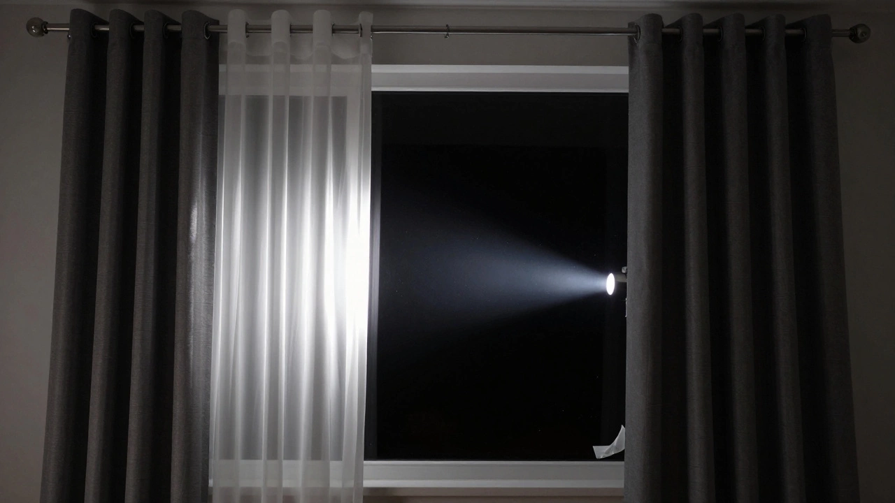 Double curtain system with sheer and blackout layers, completely obscuring the interior from outside.