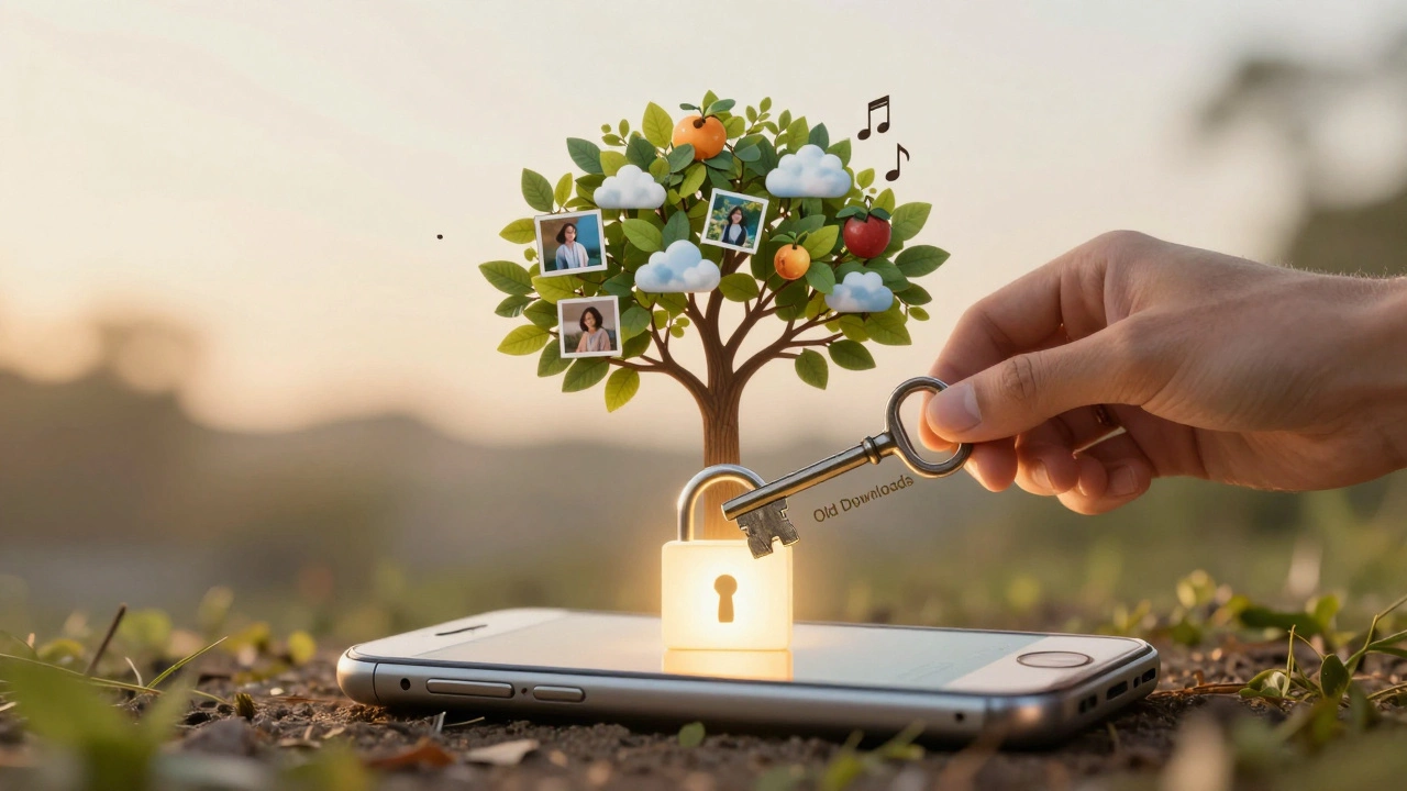 Hand placing a key into a smartphone-shaped lock, with a tree of cloud icons growing from it.