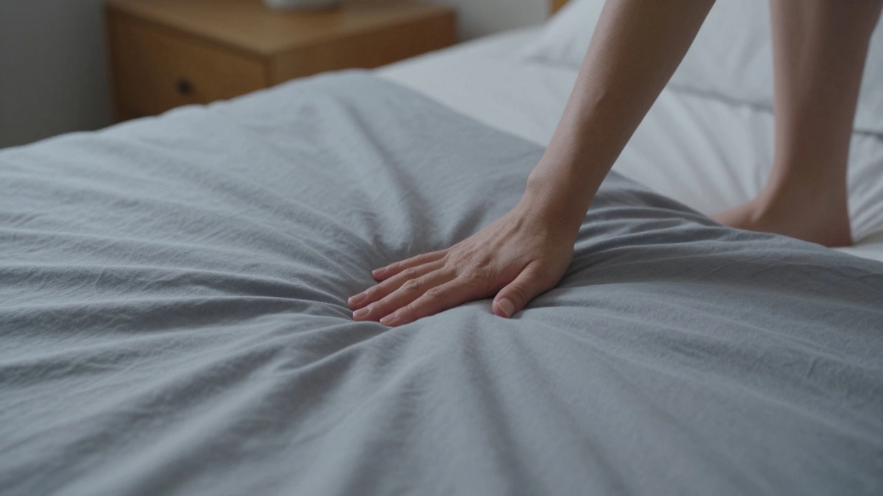 Hand pressing into soft, settled bedspread with natural creases and warm light.