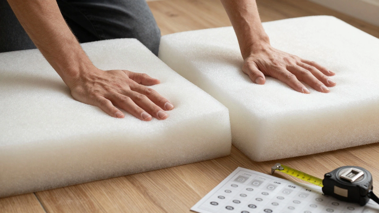 Hands pressing into two sofa cushions showing different rebound speeds, emphasizing foam density.