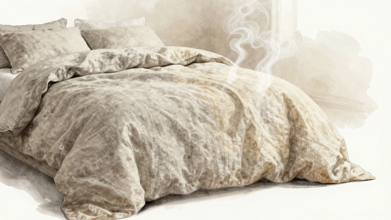 Linen fabric transforming from stiff to soft, with water and steam symbols.