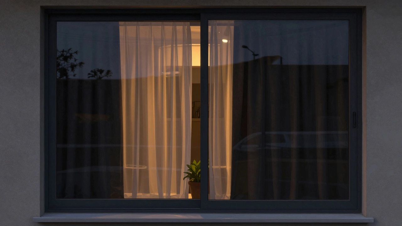 Nighttime window with reflective film and closed blackout curtains, blocking all external view.