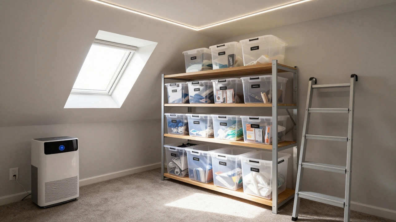Organized attic with labeled bins, LED lighting, and dehumidifier for humidity control.