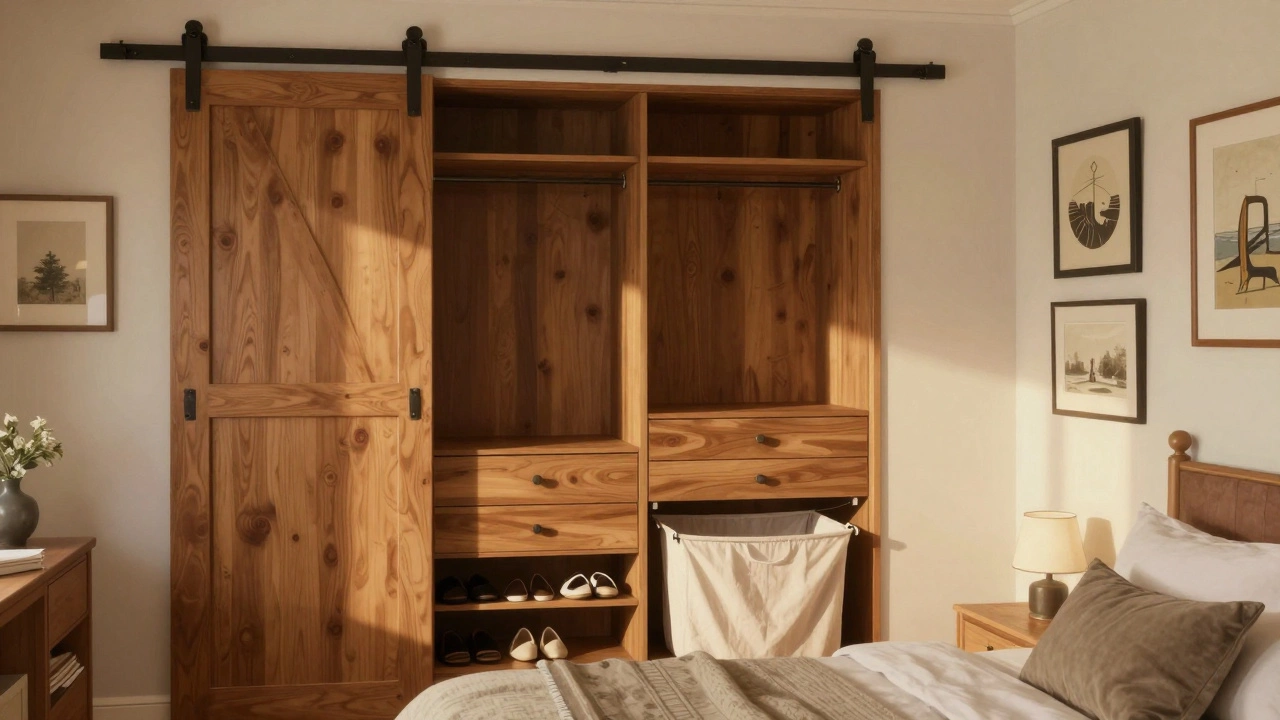 Renovated bedroom with an open wardrobe behind a barn door, displaying art on the wall and no traditional closet.