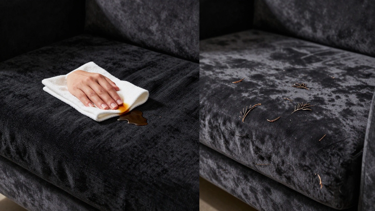 Side-by-side comparison of stain-resistant microfiber versus damaged velvet.