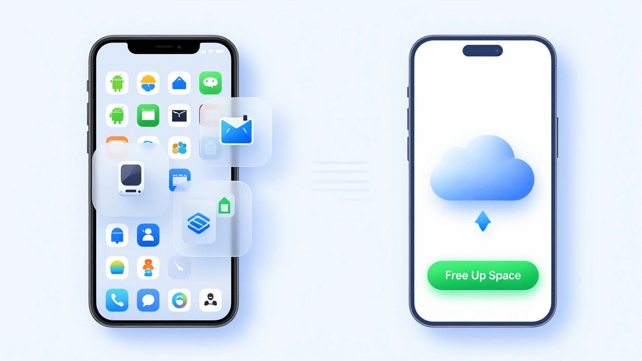 Side-by-side phone interfaces showing cluttered storage vs. clean cloud-synced space.