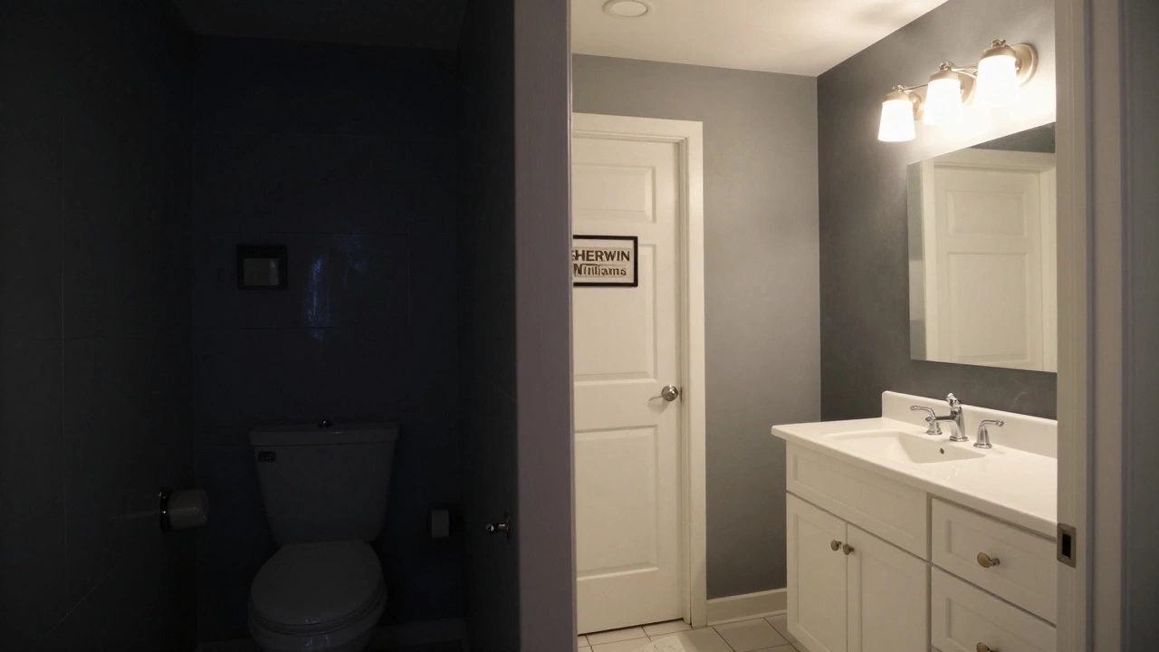 Split image comparing a dark navy bathroom to the same room repainted in warm white with improved lighting and accents.