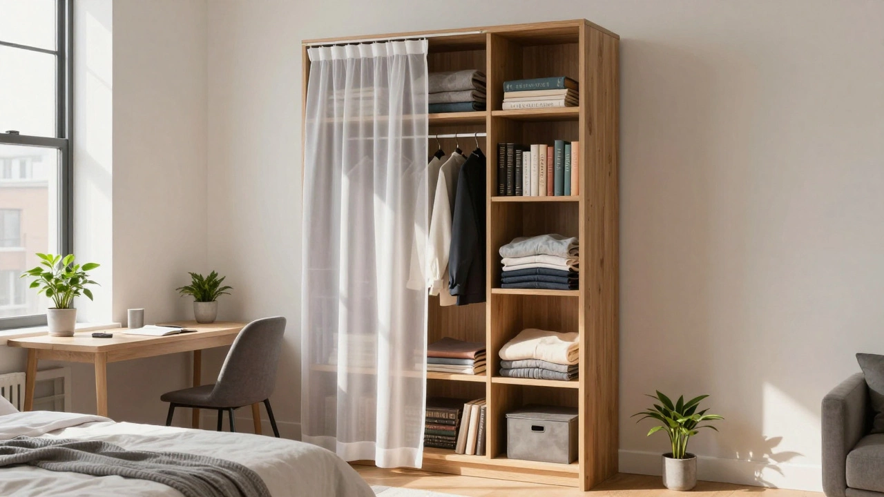 Studio apartment with a bookshelf wardrobe covered by a curtain, blending storage and decor in a small space.