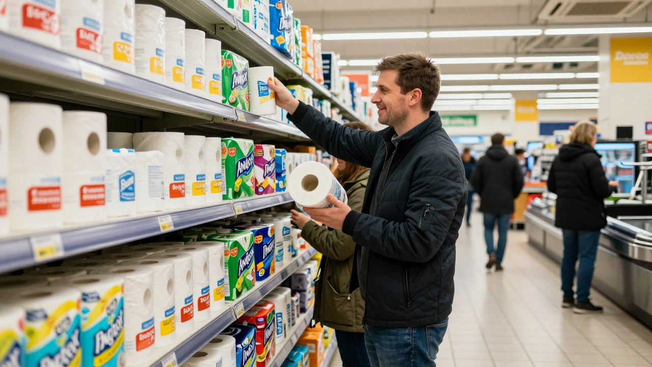 Supermarket shelves in the UK filled with toilet paper labeled 'Loo Roll' and 'Bog Roll' as shoppers shop.