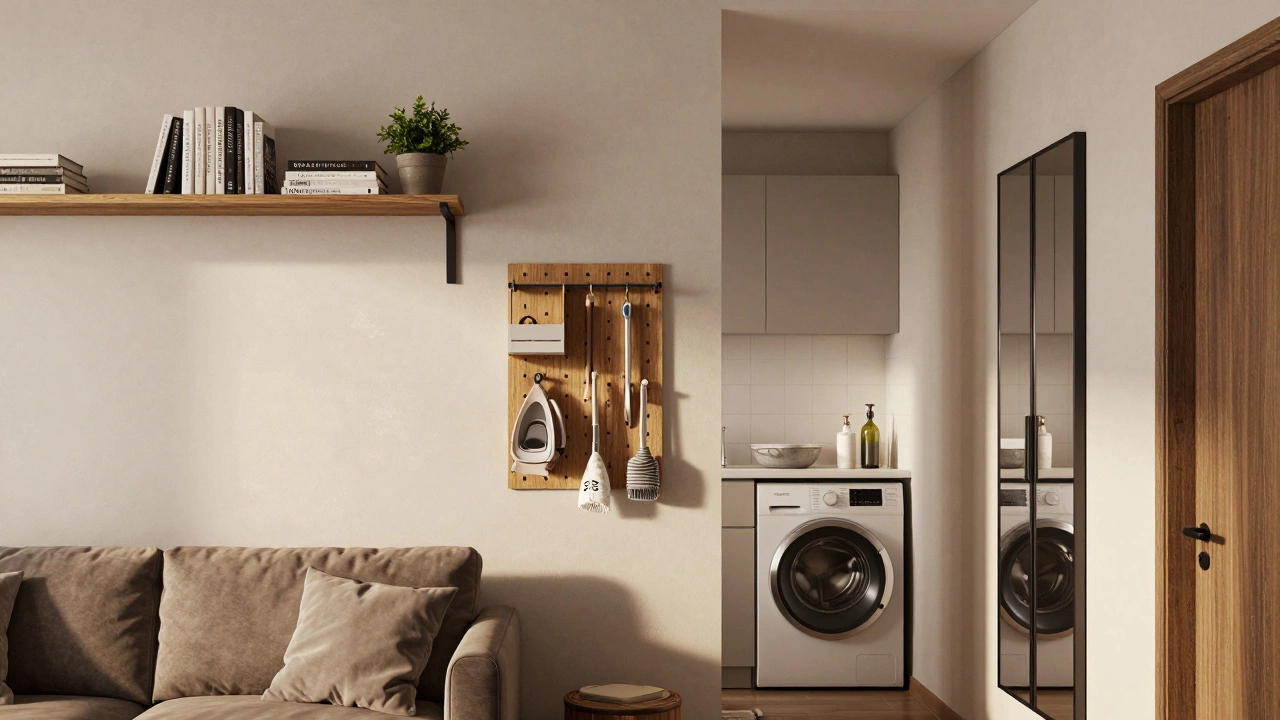 Vertical wall storage with shelves, pegboard, and mirrored cabinet in a compact apartment.