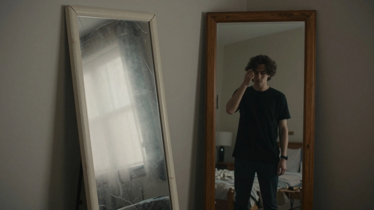 A cracked cheap mirror next to a sturdy full-length mirror reflecting a person clearly in a bedroom.
