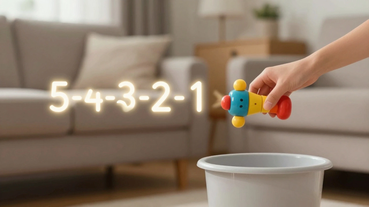 A hand moving a toy from a sofa to a bin with motion blur and a fading 5-4-3-2-1 countdown.