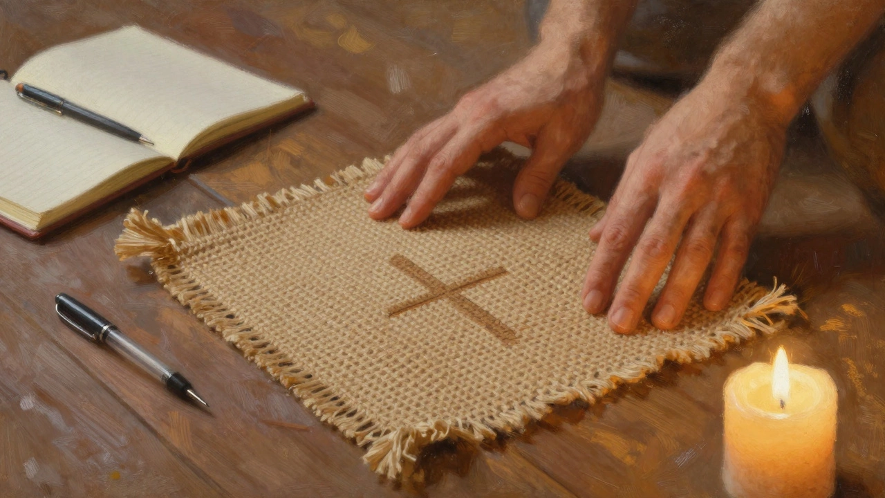 A hand placing a jute prayer mat with a faint cross on a wooden floor.