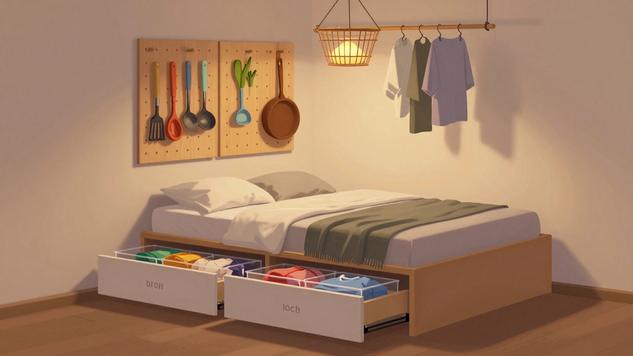 Bed with under-bed drawers open, revealing labeled clothing bins and wall-mounted pegboard for tools.