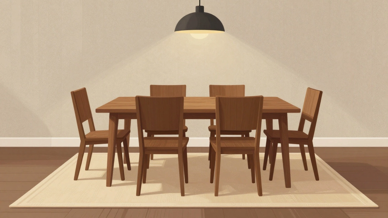 Dining room table with six chairs fully pulled out, all legs on a large rug, no chairs hanging off.