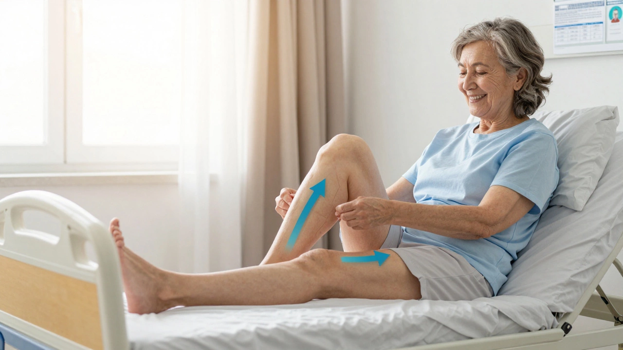 Elderly woman sitting up in bed tying her shoes, symbolizing improved mobility and independence.