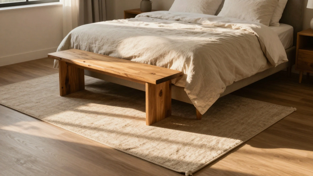 King bed centered on a large rug extending evenly on all sides, warm lighting, minimalist bedroom.