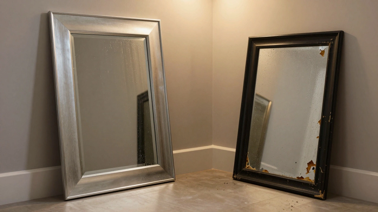 Old high-quality mirror beside a damaged cheap mirror in a bathroom setting.