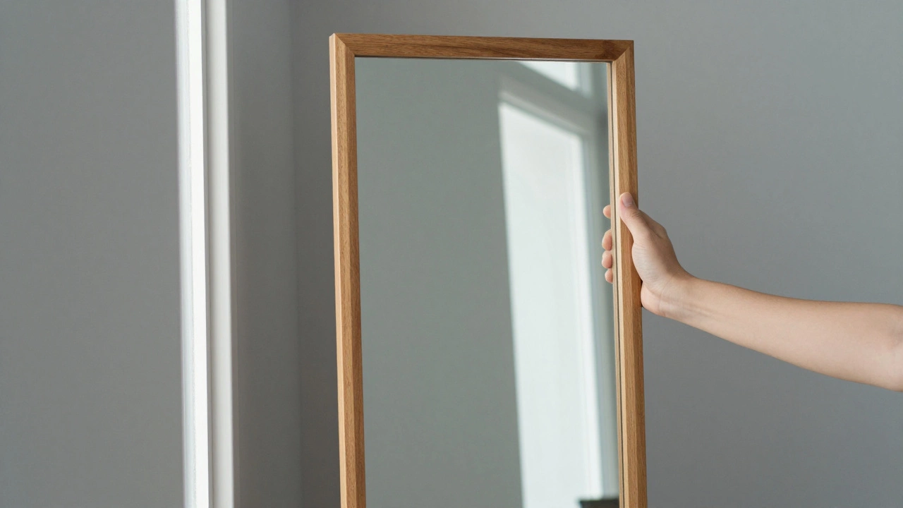 Person holding a large mirror next to a door frame with perfectly straight reflection.