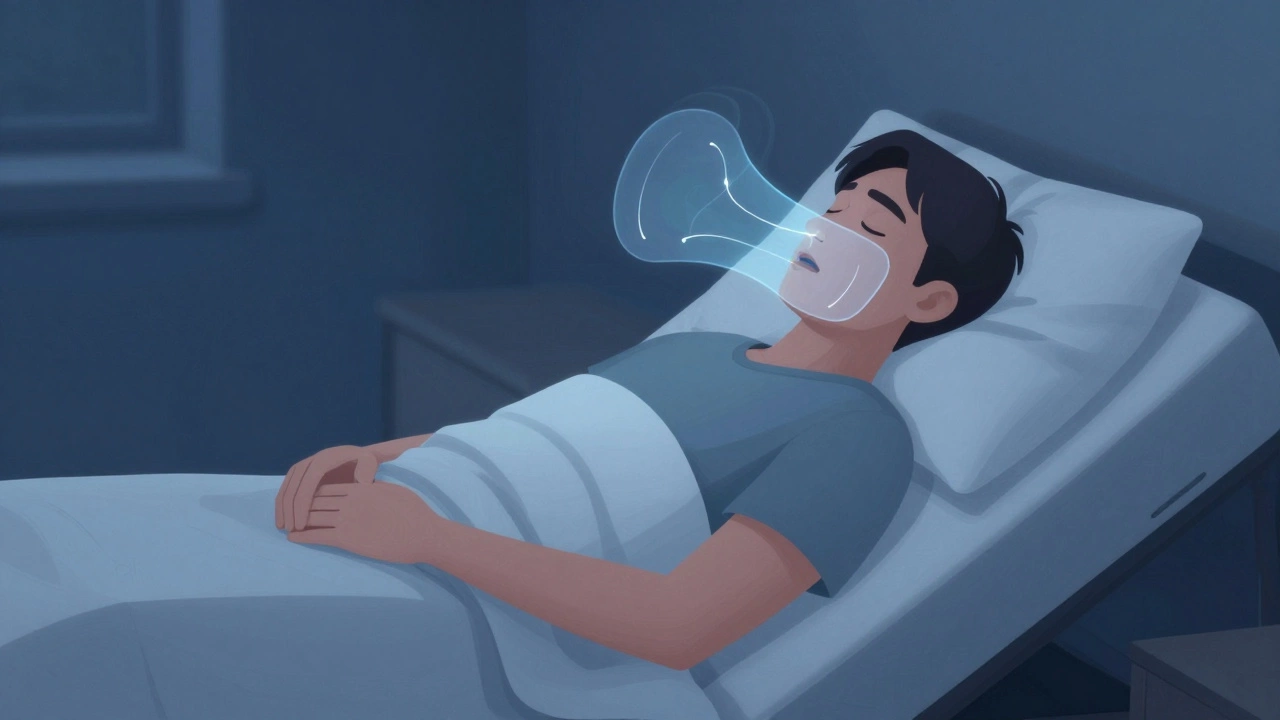 Sleeping figure at a 30-degree incline with open airway visualization for reduced snoring.