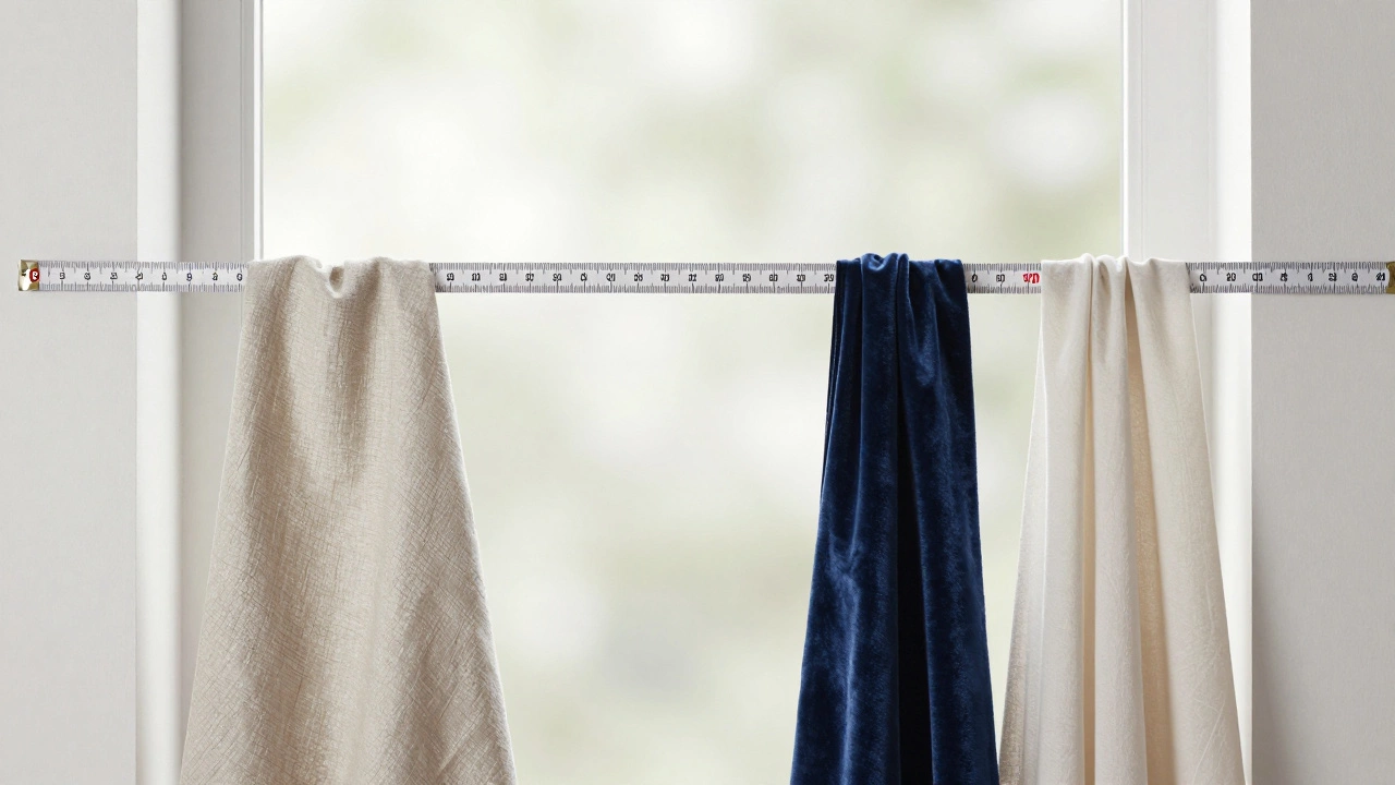 Tape measure showing 6 and 12 inch extensions beyond a window, with fabric swatches draped over the rod.