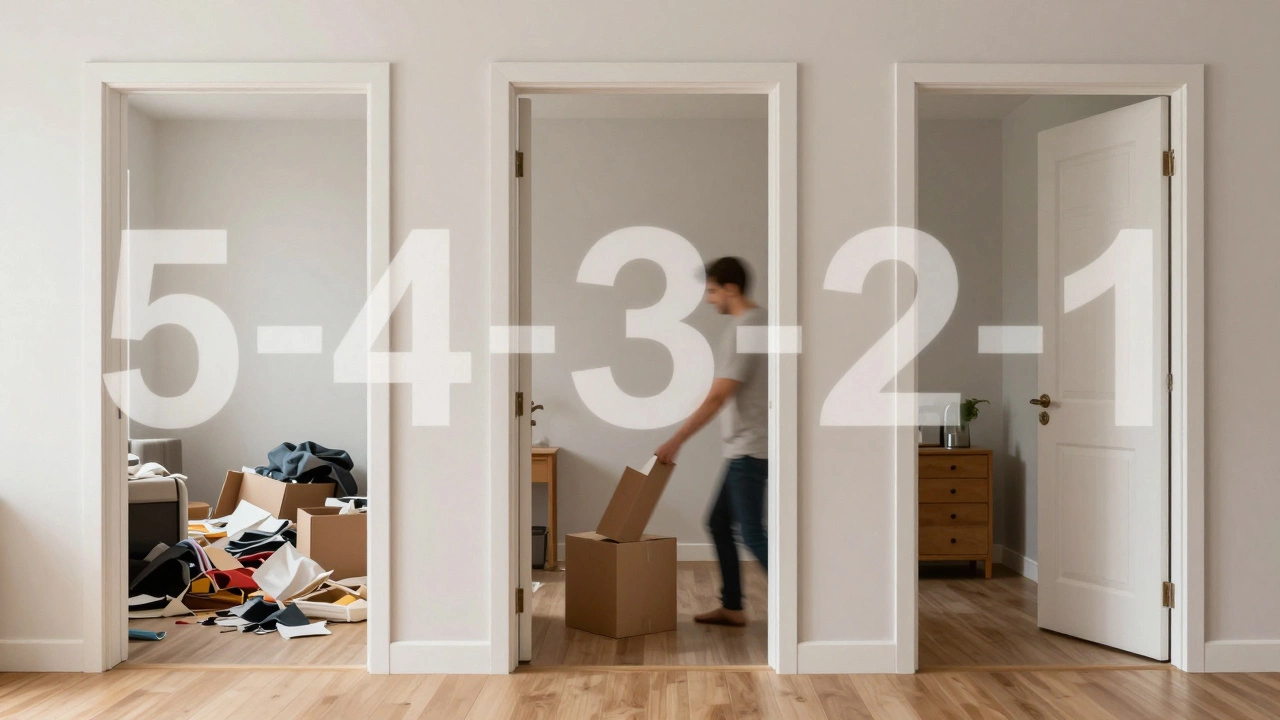 Three doorways showing a home’s transformation from cluttered to calm, with a subtle countdown.